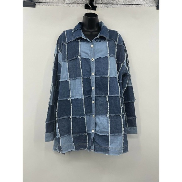Free People Tops - Free People Denim Patch Large Denim Shirt Oversized Short Long Sleeve New $198